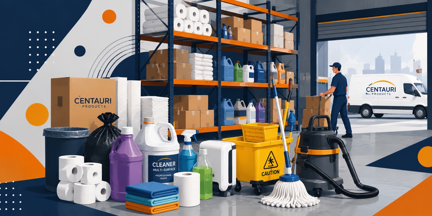 Centauri Products janitorial supplies, delivery van and stocked warehouse